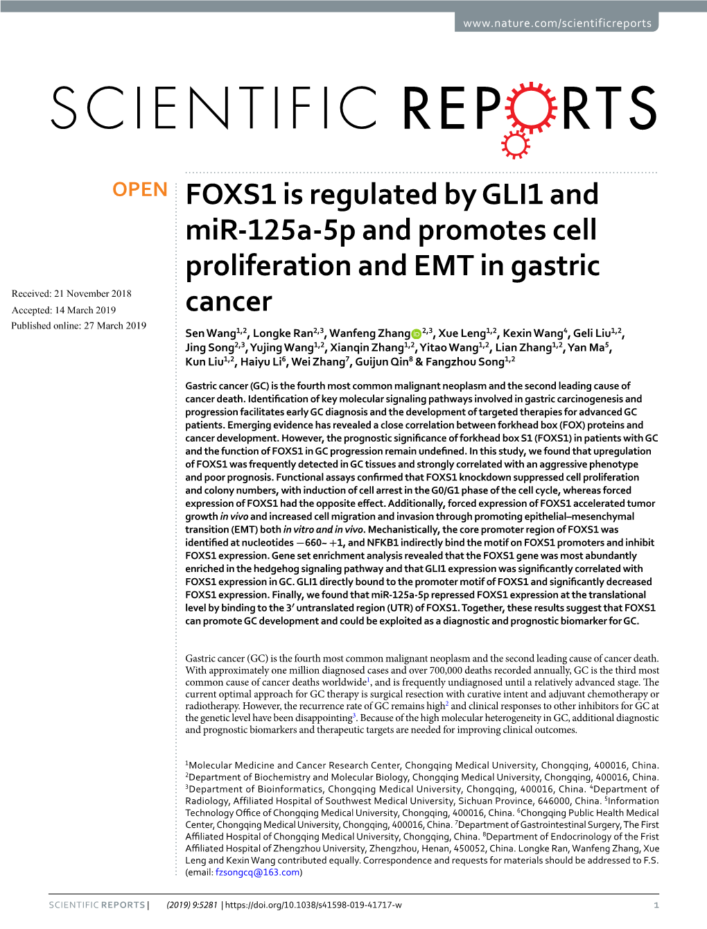 FOXS1 Is Regulated by GLI1 and Mir-125A-5P and Promotes Cell