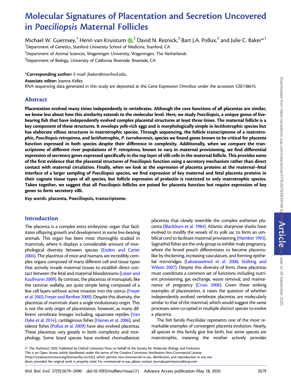 Molecular Signatures of Placentation and Secretion Uncovered in Poeciliopsis Maternal Follicles Michael W