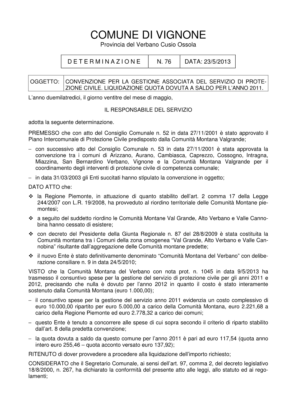 COMUNE DI VIGNONE Provincia Del Verbano Cusio Ossola