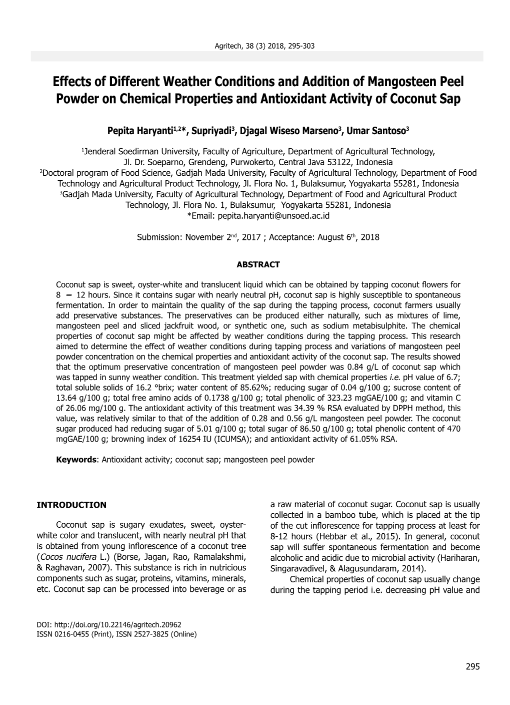 Effects of Different Weather Conditions and Addition of Mangosteen Peel Powder on Chemical Properties and Antioxidant Activity of Coconut Sap