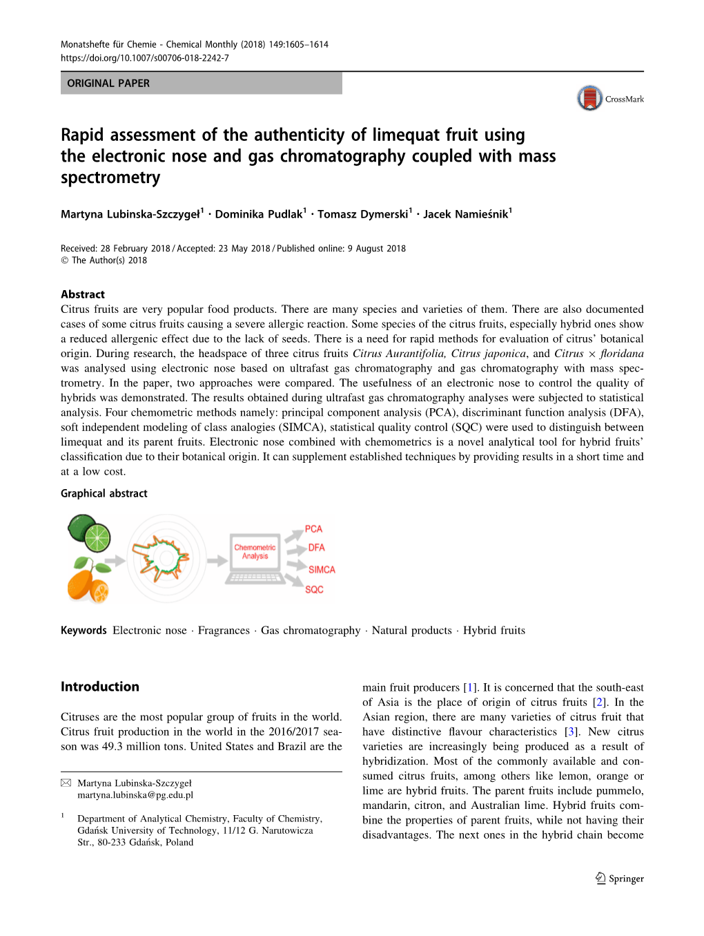 Rapid Assessment of the Authenticity of Limequat Fruit Using the Electronic Nose and Gas Chromatography Coupled with Mass Spectrometry