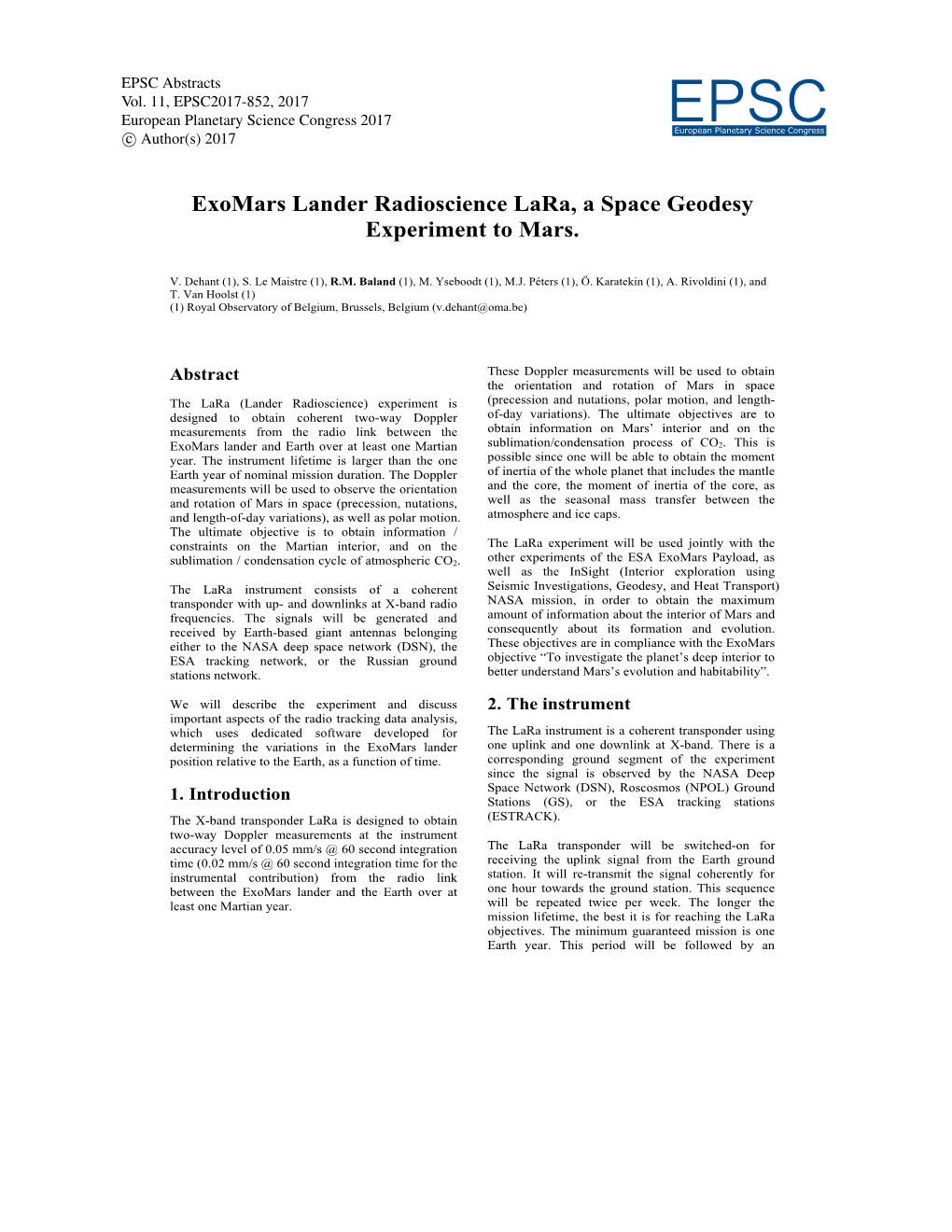 Exomars Lander Radioscience Lara, a Space Geodesy Experiment to Mars