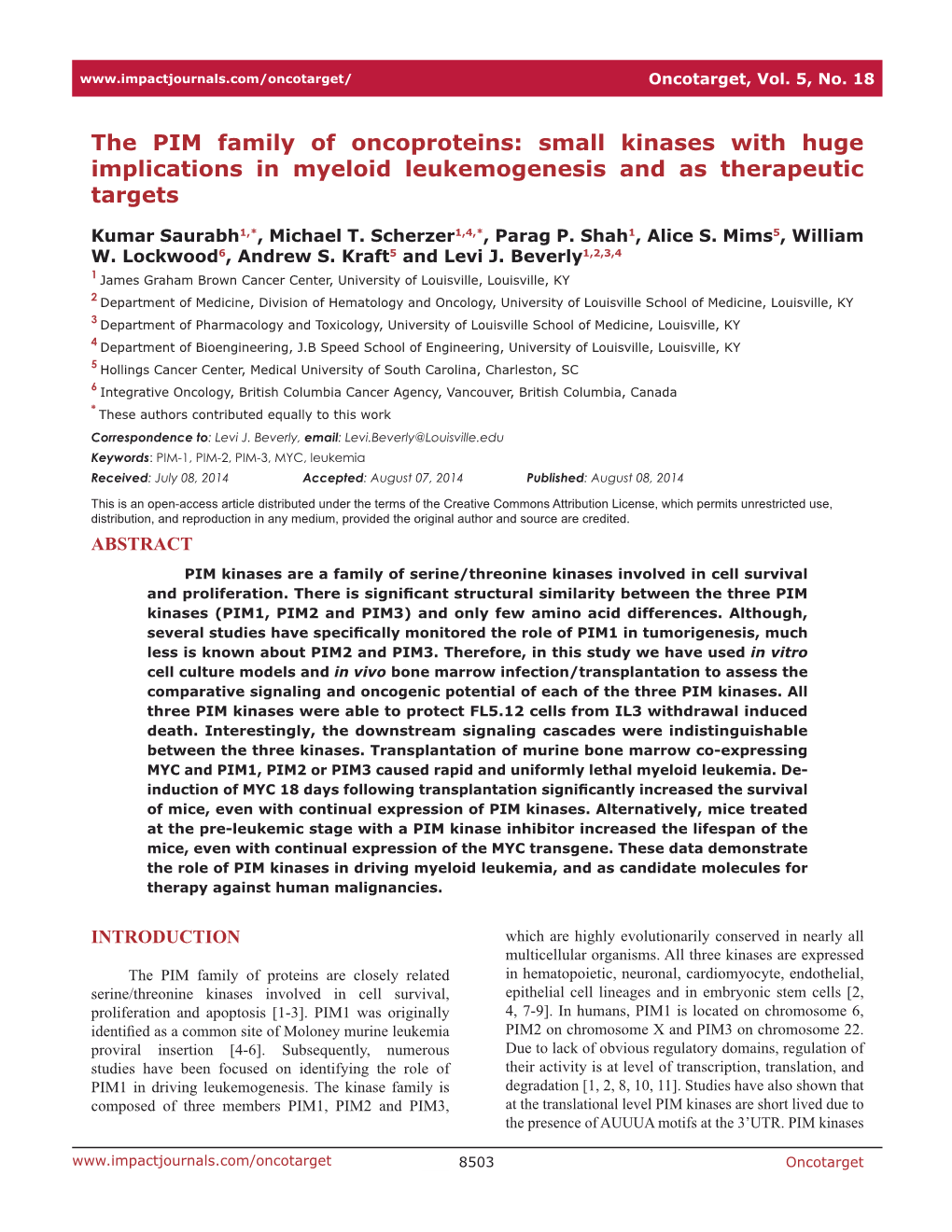 The PIM Family of Oncoproteins: Small Kinases with Huge Implications in Myeloid Leukemogenesis and As Therapeutic Targets