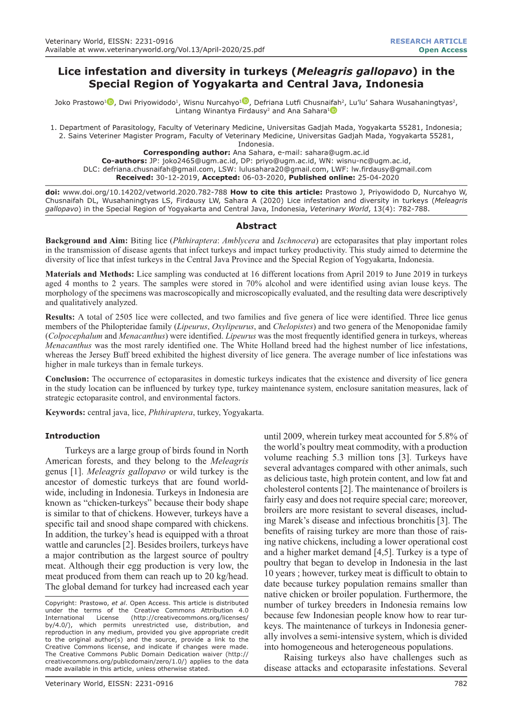 Lice Infestation and Diversity in Turkeys (Meleagris Gallopavo) in the Special Region of Yogyakarta and Central Java, Indonesia