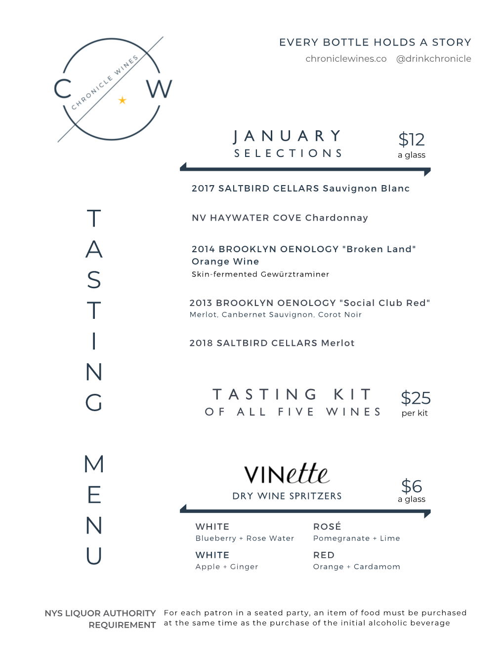 Chronicle Wines Tasting Room January Menu