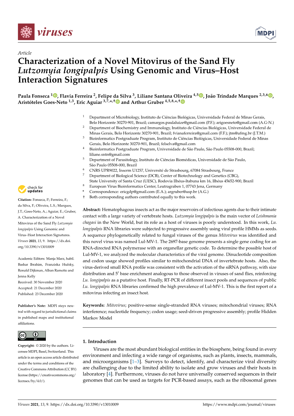 Characterization of a Novel Mitovirus of the Sand Fly Lutzomyia Longipalpis Using Genomic and Virus–Host Interaction Signatures