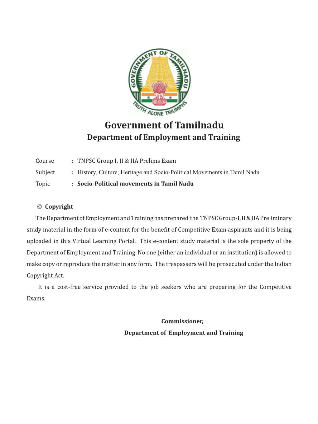 Government of Tamilnadu Department of Employment and Training