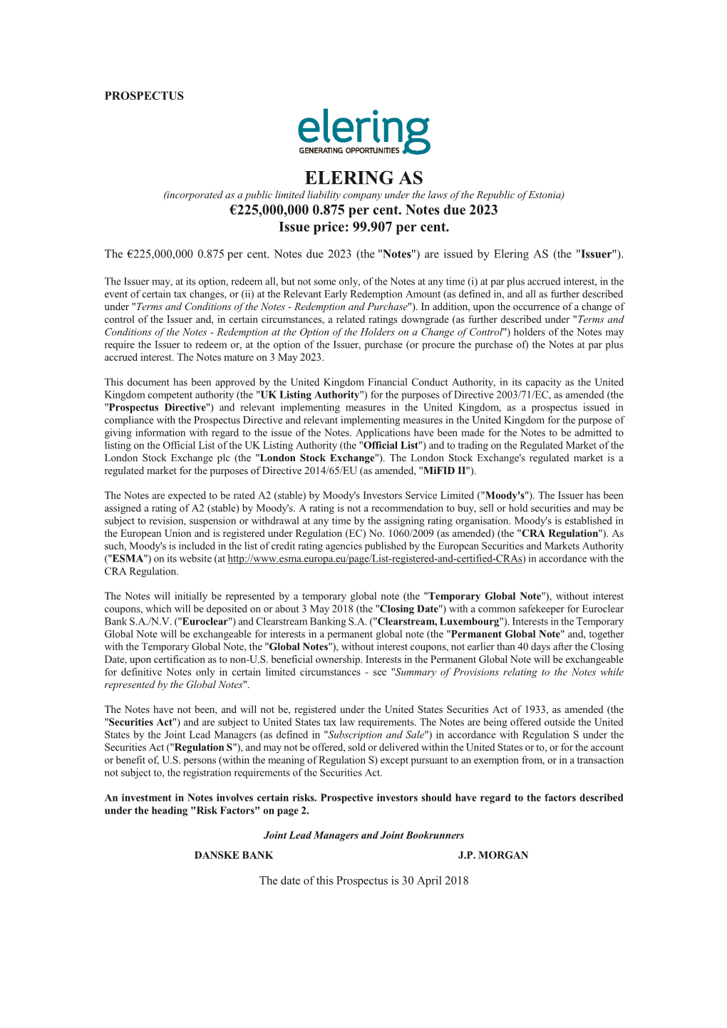 ELERING AS (Incorporated As a Public Limited Liability Company Under the Laws of the Republic of Estonia) €225,000,000 0.875 Per Cent