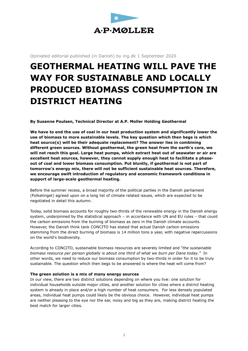 Geothermal Heating Will Pave the Way for Sustainable and Locally Produced Biomass Consumption in District Heating