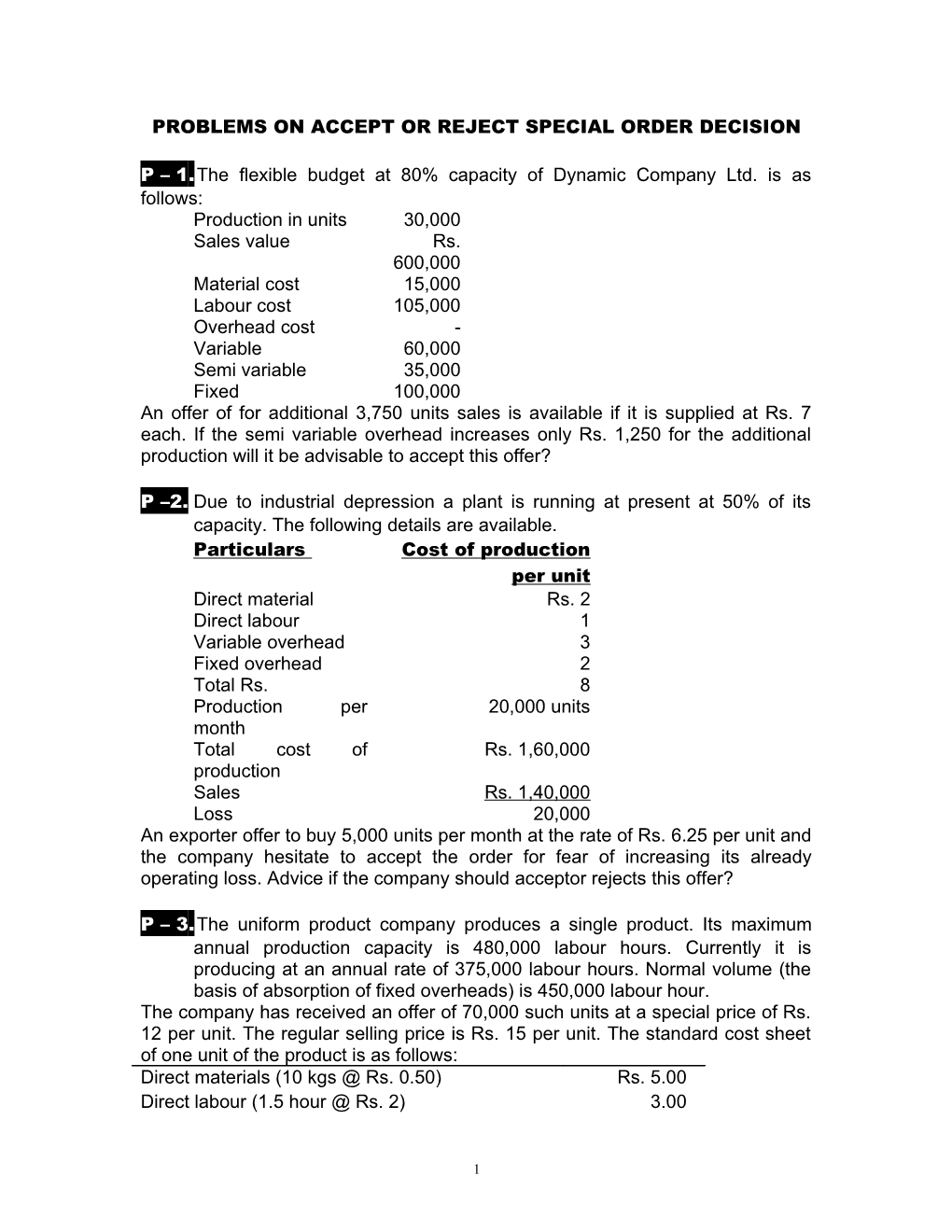 Problems on Accept Or Reject Special Order Decision