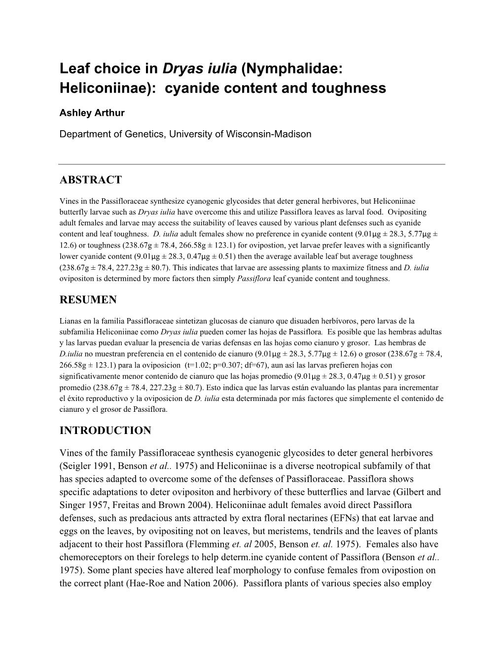 Examining Dryas Iulia Leaf Preference of Cyanide Content And