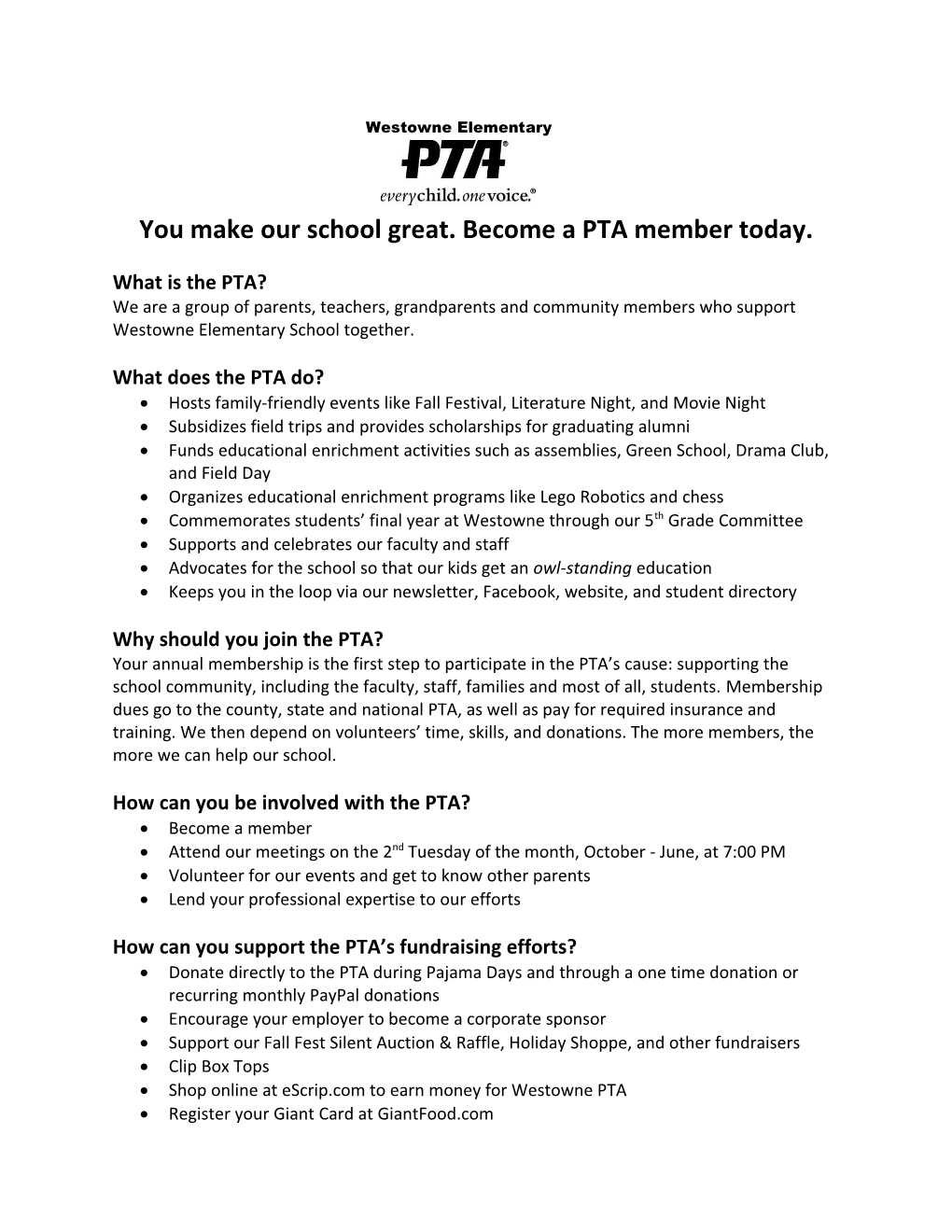 You Make Our School Great. Become a PTA Member Today