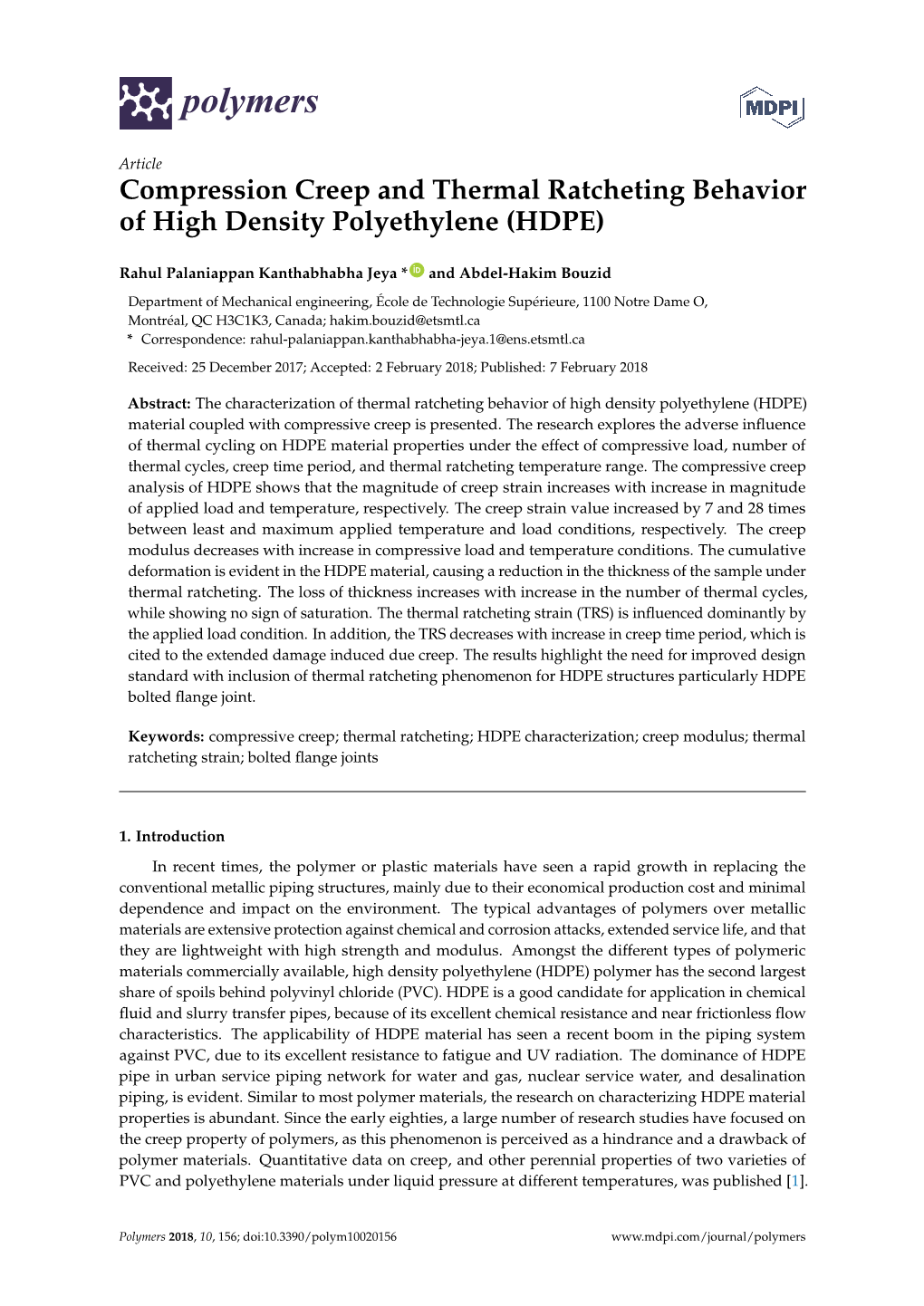 Compression Creep and Thermal Ratcheting Behavior of High Density Polyethylene (HDPE)