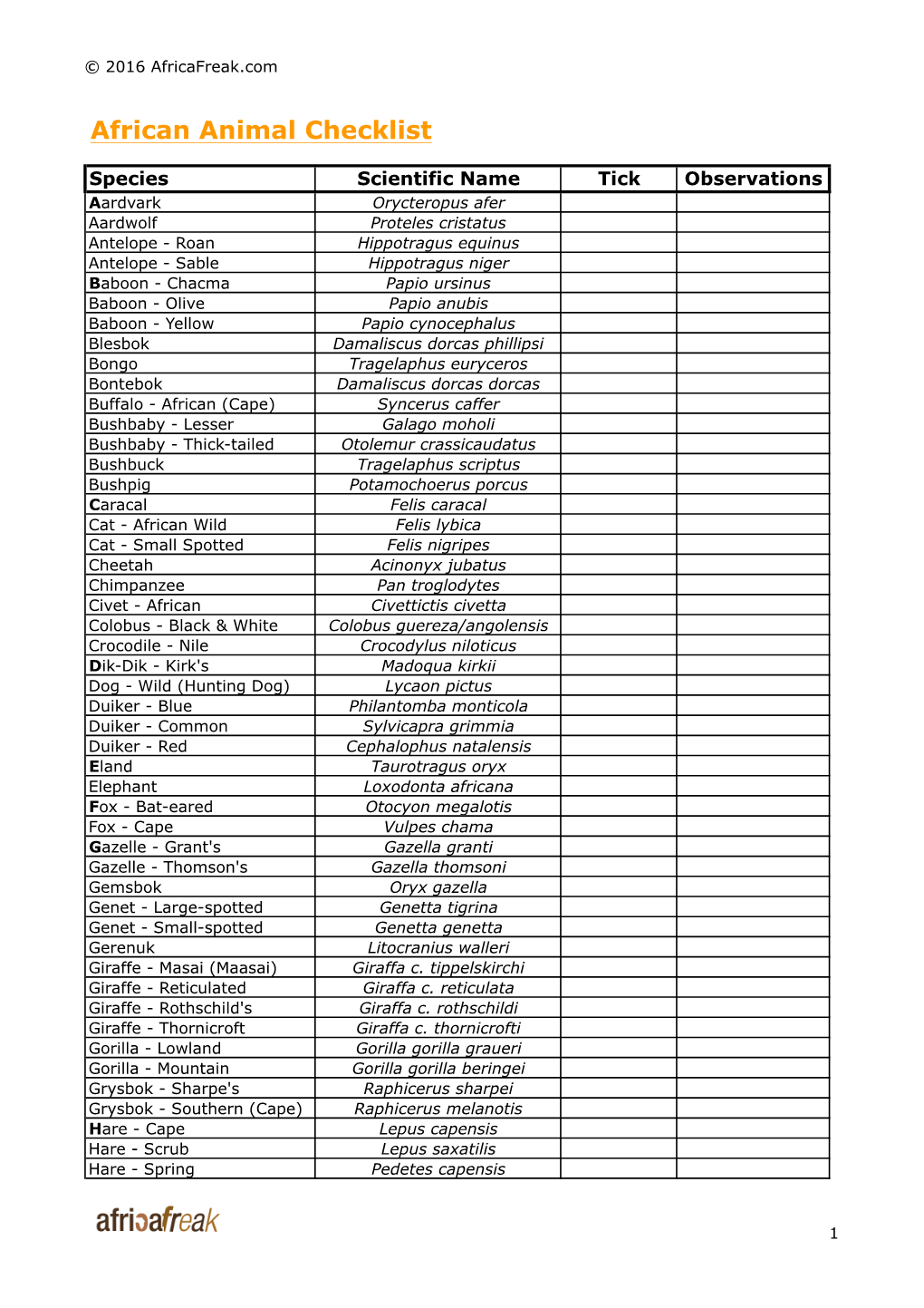 African Animal Checklist