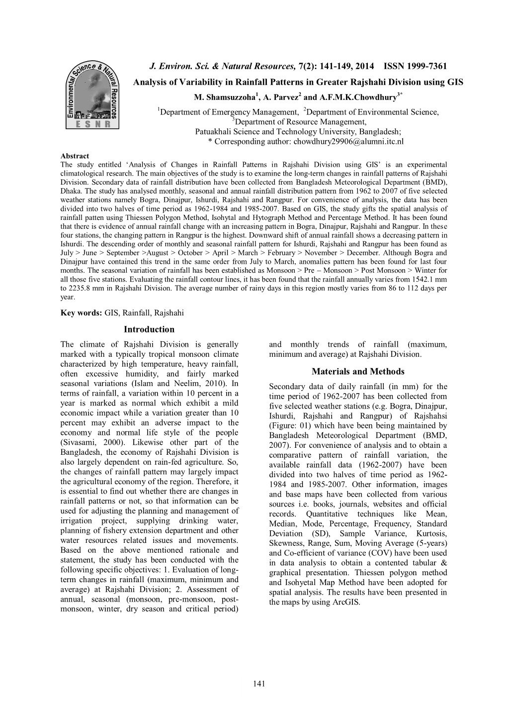 141-149, 2014 ISSN 1999-7361 Analysis of Variability in Rainfall Patterns in Greater Rajshahi Division Using GIS M