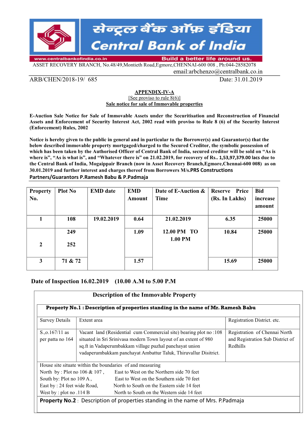 Email:Arbchenzo@Centralbank.Co.In ARB/CHEN/2018-19/ 685 Date: 31.01.2019 Date of Inspection 16.02.2019 (10.00 A.M To