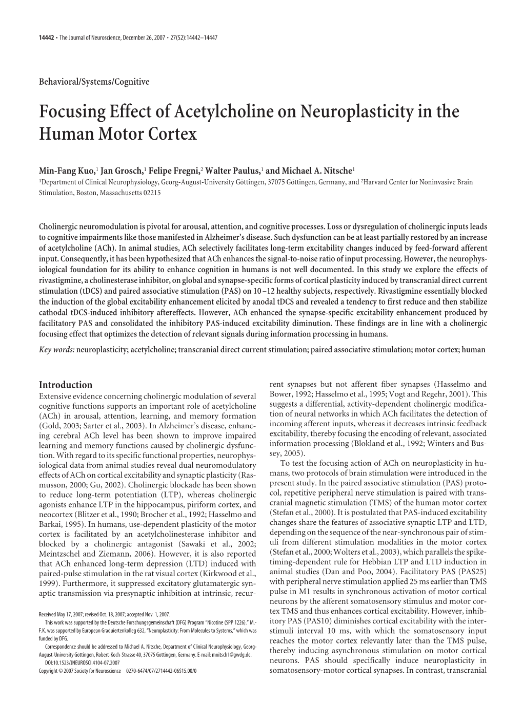 Focusing Effect of Acetylcholine on Neuroplasticity in the Human Motor Cortex