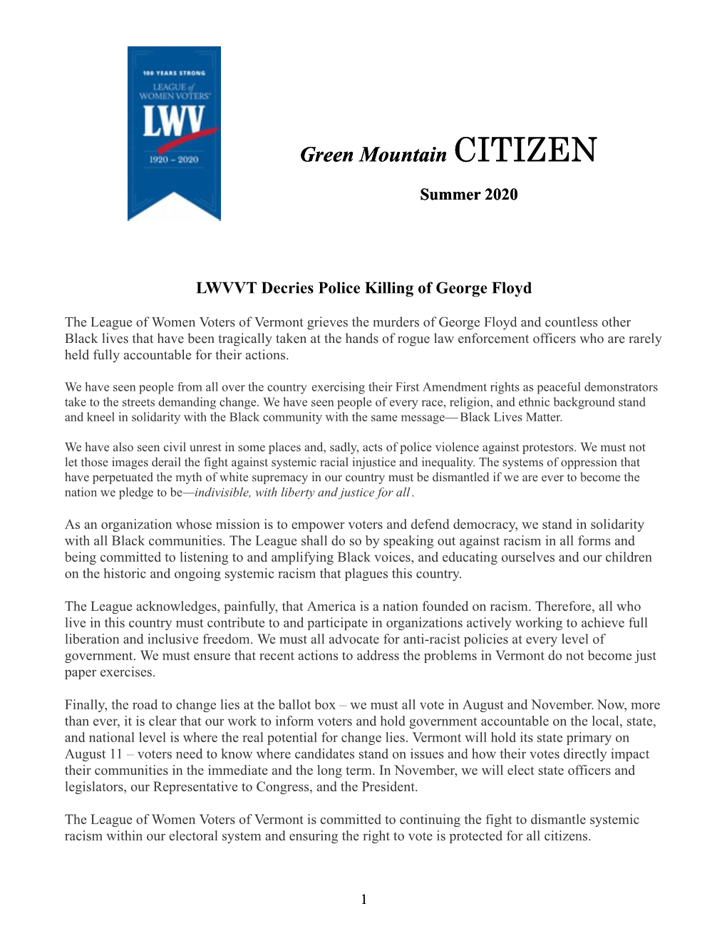 LWVVT Summer 2020 Newsletter