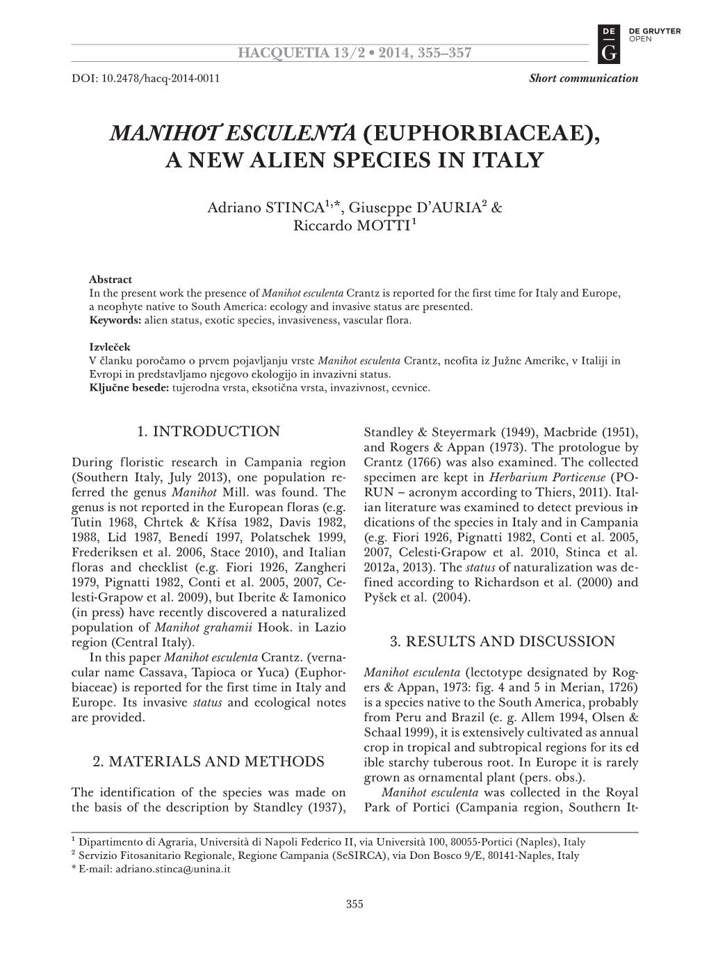 Manihot Esculenta (Euphorbiaceae), a New Alien Species in Italy