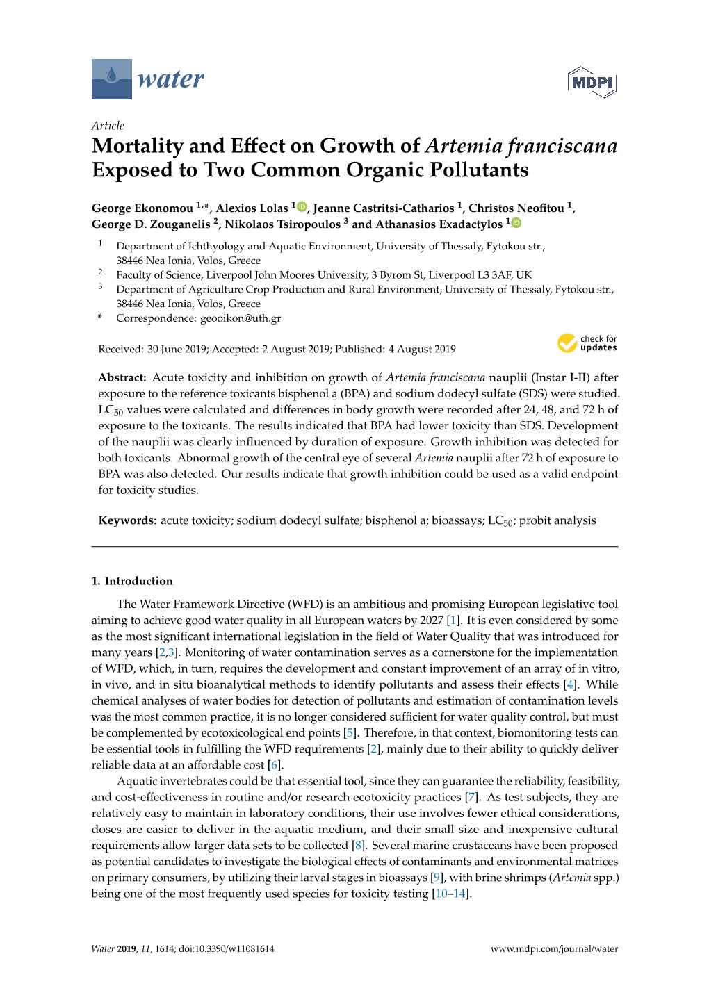 Mortality and Effect on Growth of Artemia Franciscana Exposed to Two Common Organic Pollutants