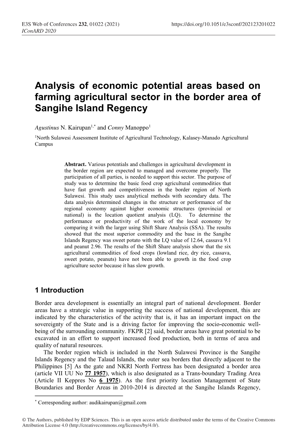 Analysis of Economic Potential Areas Based on Farming Agricultural Sector in the Border Area of Sangihe Island Regency