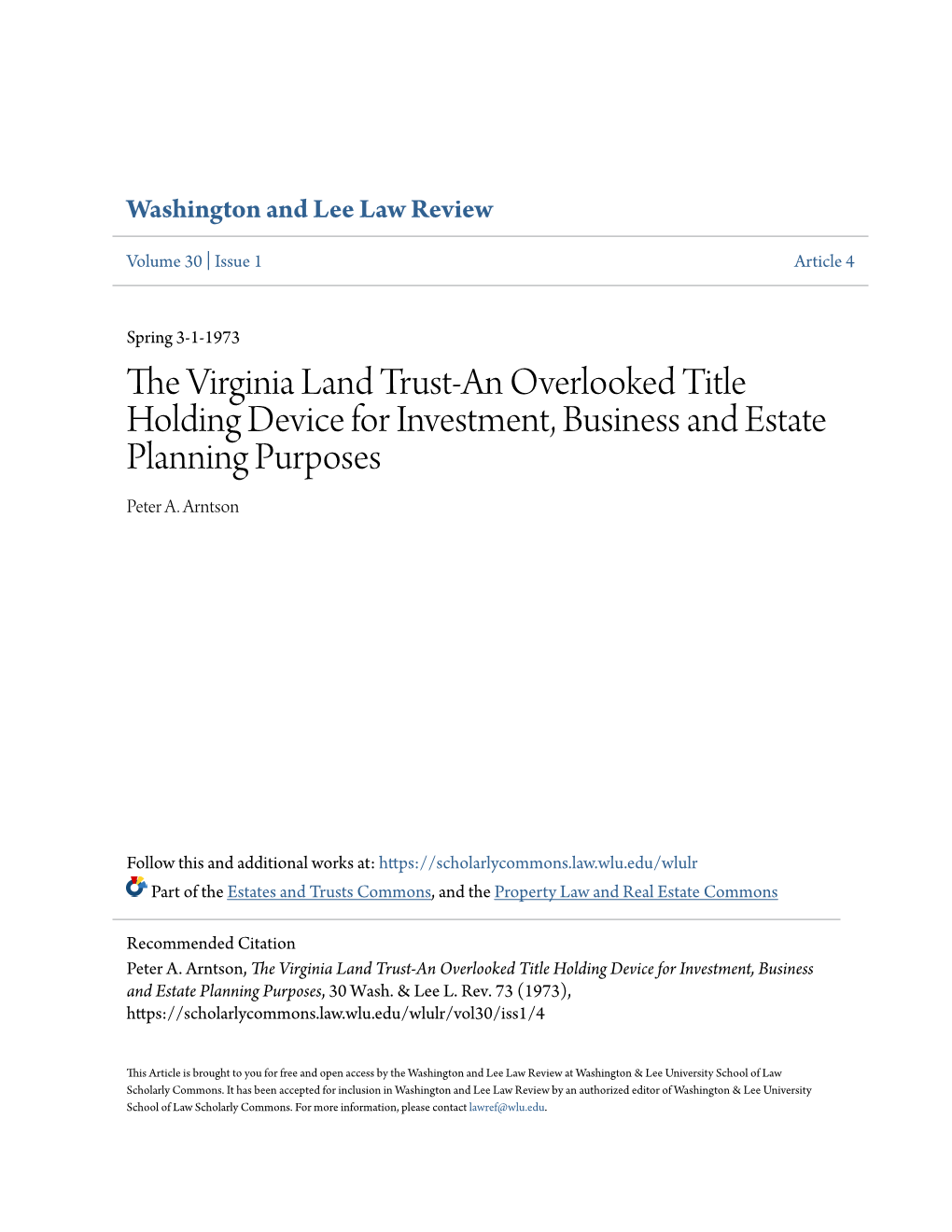 The Virginia Land Trust-An Overlooked Title Holding Device for Investment, Business and Estate Planning Purposes, 30 Wash