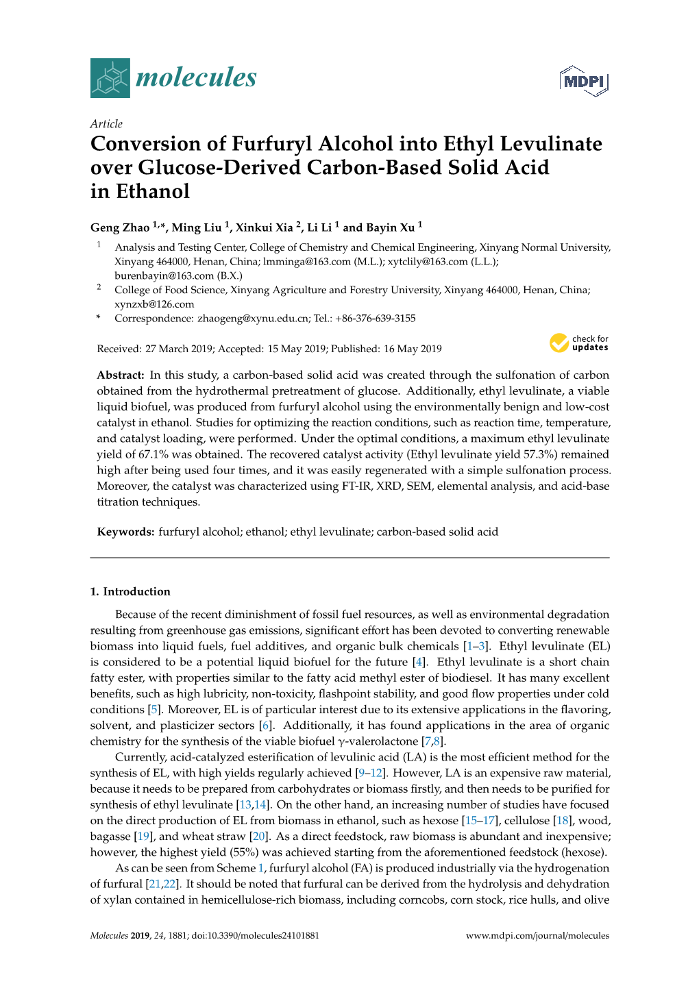 Conversion of Furfuryl Alcohol Into Ethyl Levulinate Over Glucose-Derived Carbon-Based Solid Acid in Ethanol