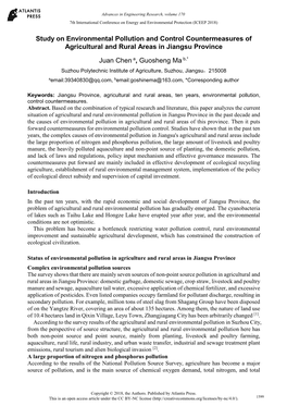 Study on Environmental Pollution and Control Countermeasures of Agricultural and Rural Areas in Jiangsu Province