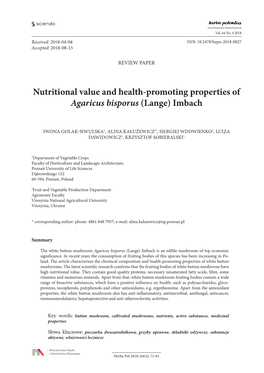 Nutritional Value and Health-Promoting Properties of Agaricus Bisporus (Lange) Imbach