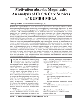 An Analysis of Health Care Services of KUMBH MELA Dr.Vinay Sharma , Indian Institute of Technology (IIT)