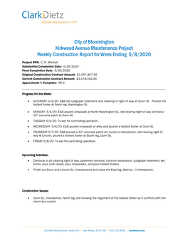 City of Bloomington Kirkwood Avenue Maintenance Project Weekly Construction Report for Week Ending 5/8/2020