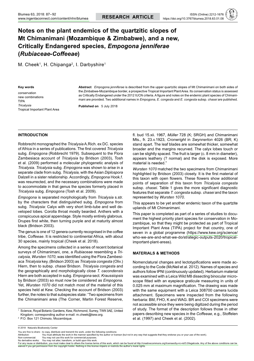 Notes on the Plant Endemics of the Quartzitic Slopes of Mt Chimanimani