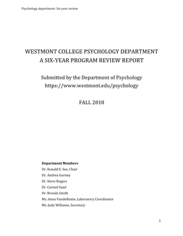 Westmont College Psychology Department a Six-Year Program Review Report