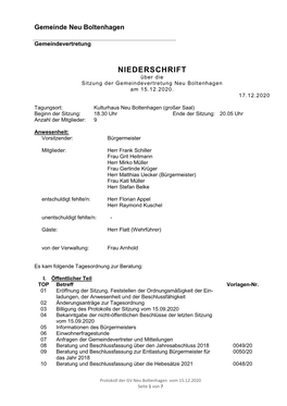 Sitzung Der Gemeindevertretung Neu Boltenhagen Am 15.12.2020