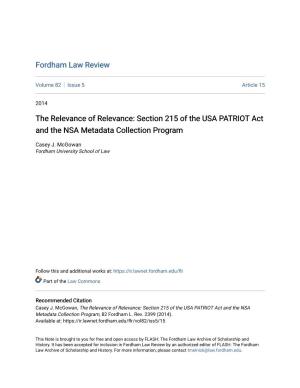The Relevance of Relevance: Section 215 of the USA PATRIOT Act and the NSA Metadata Collection Program