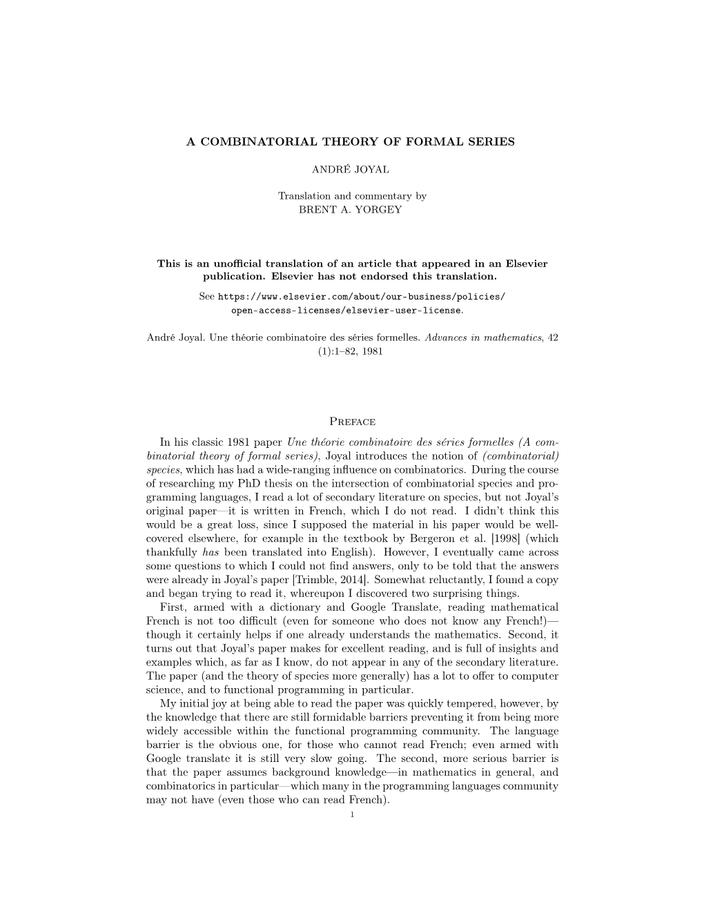 A COMBINATORIAL THEORY of FORMAL SERIES Preface in His