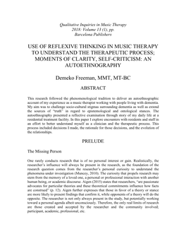 Use of Reflexive Thinking in Music Therapy to Understand the Therapeutic Process; Moments of Clarity, Self-Criticism: an Autoethnography