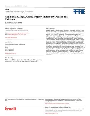 Oedipus the King: a Greek Tragedy, Philosophy, Politics and Philology Ekaterini Nikolarea