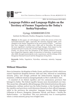 Language Politics and Language Rights on the Territory of Former Yugoslavia the Today's Serbia/Vojvodina