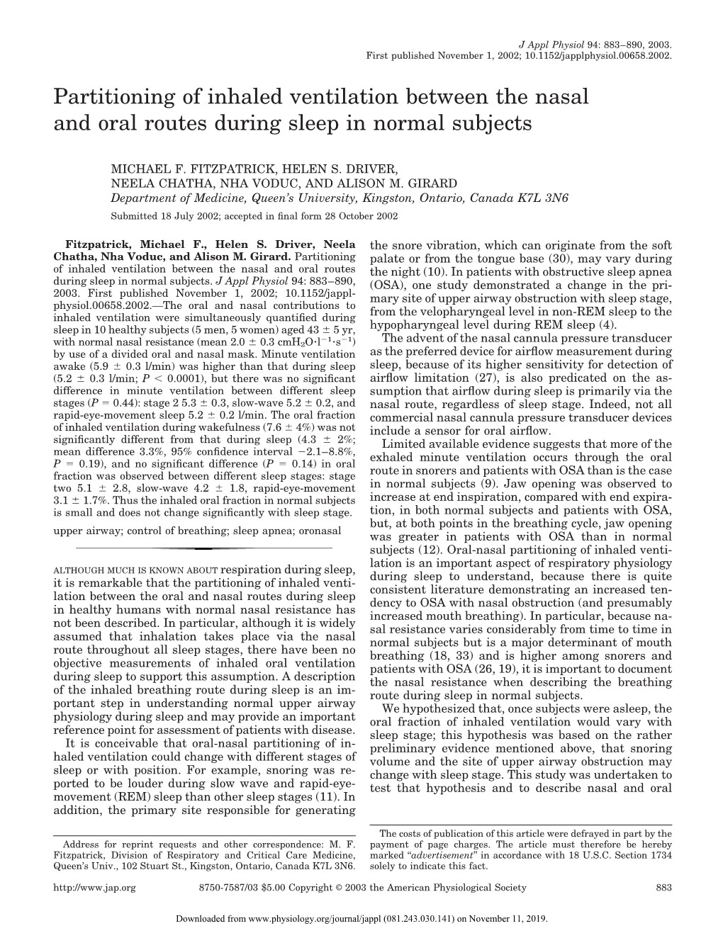 Partitioning of Inhaled Ventilation Between the Nasal and Oral Routes During Sleep in Normal Subjects