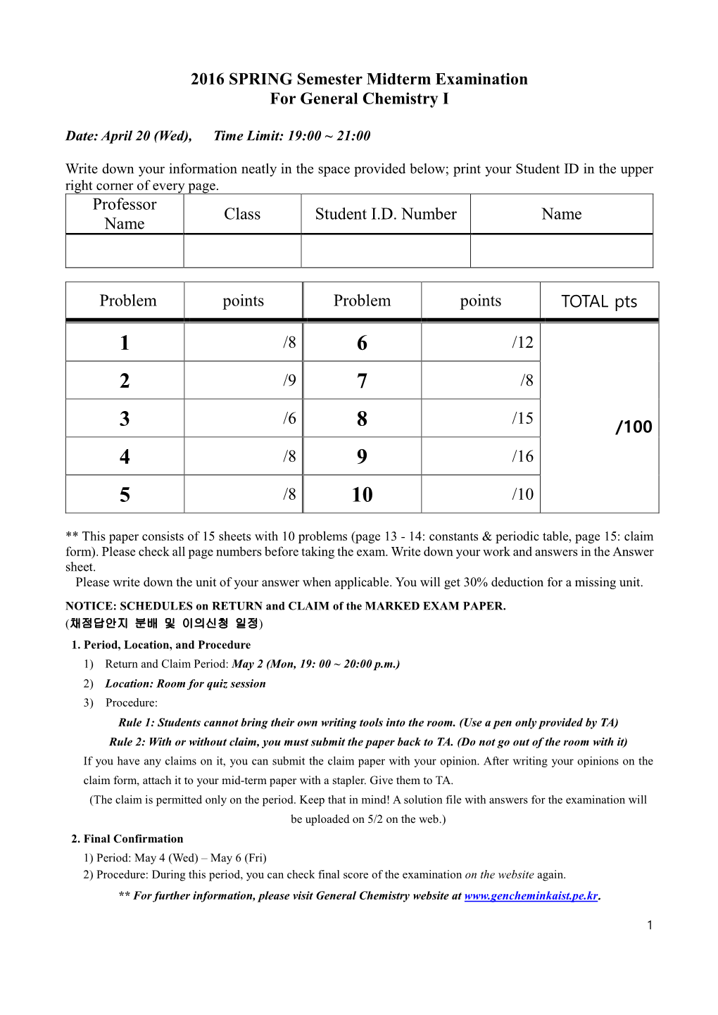 2016 SPRING Semester Midterm Examination for General Chemistry I