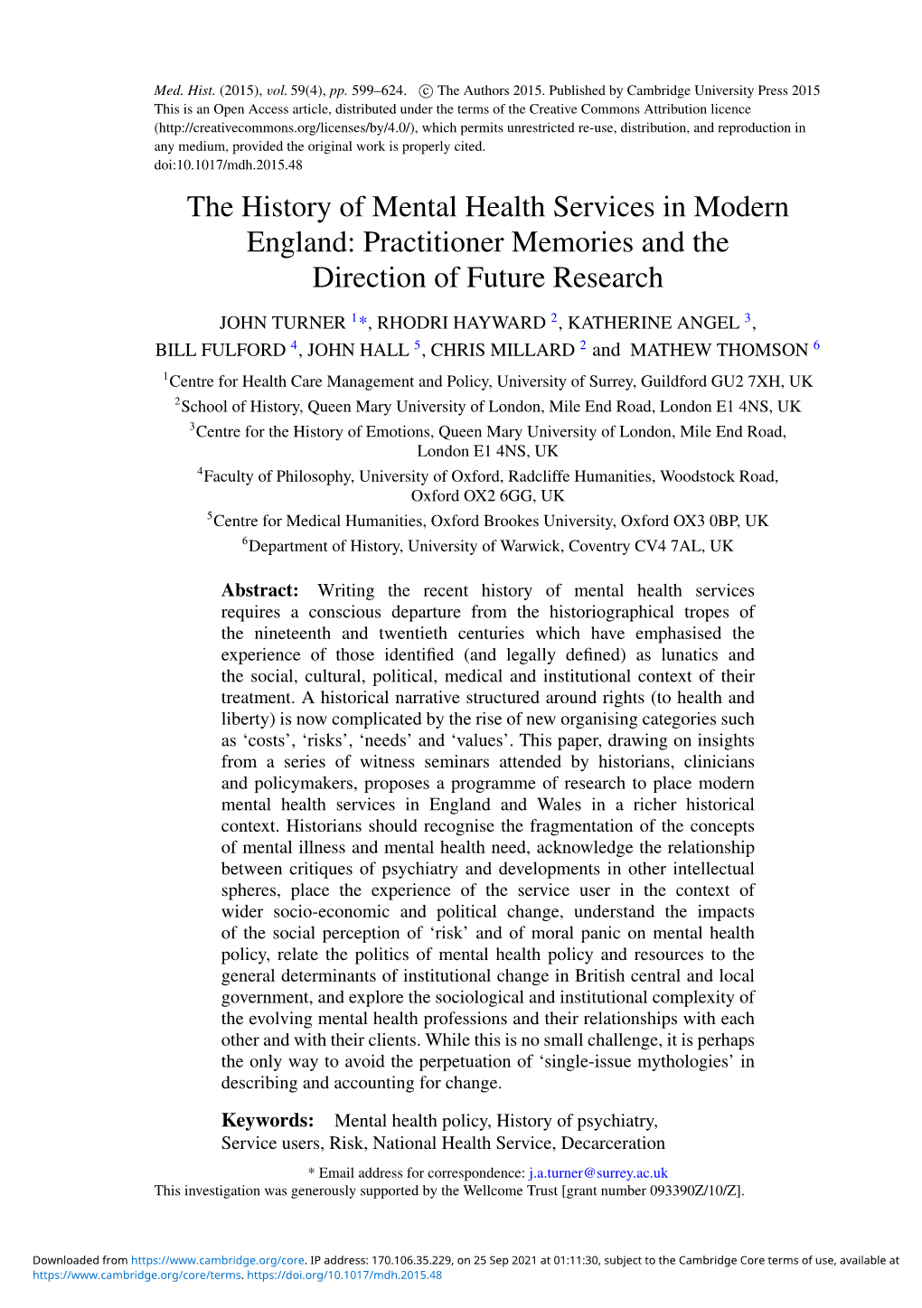 The History of Mental Health Services in Modern England: Practitioner Memories and the Direction of Future Research