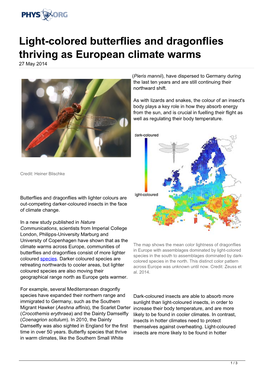 Light-Colored Butterflies and Dragonflies Thriving As European Climate Warms 27 May 2014