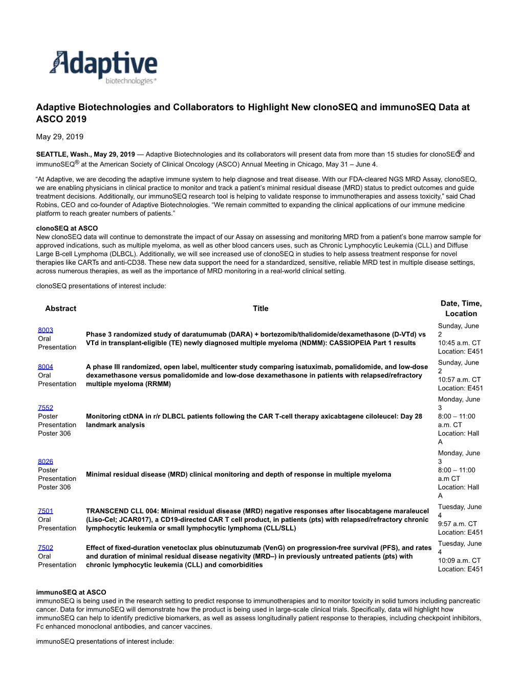 Adaptive Biotechnologies and Collaborators to Highlight New Clonoseq and Immunoseq Data at ASCO 2019