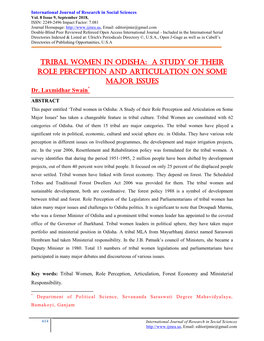 TRIBAL WOMEN in ODISHA: a STUDY of THEIR ROLE PERCEPTION and ARTICULATION on SOME MAJOR ISSUES Dr