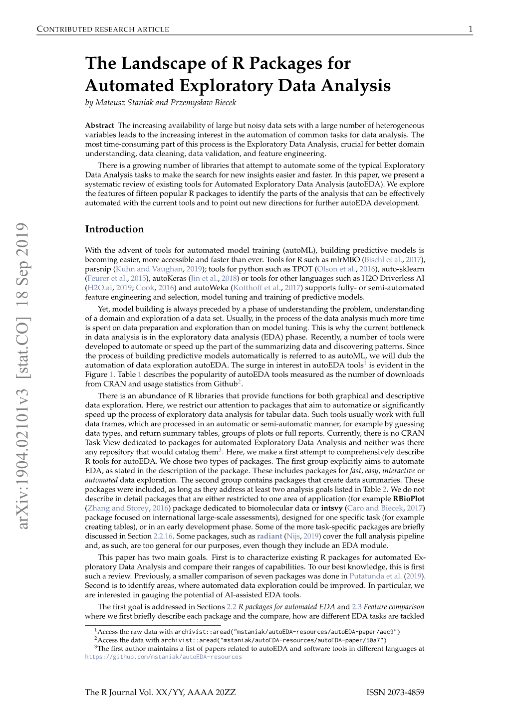 The Landscape of R Packages for Automated Exploratory Data Analysis by Mateusz Staniak and Przemysław Biecek