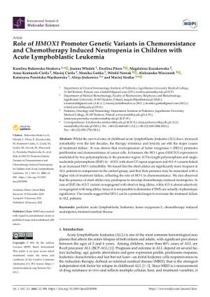 Role of HMOX1 Promoter Genetic Variants in Chemoresistance and Chemotherapy Induced Neutropenia in Children with Acute Lymphoblastic Leukemia