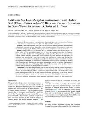 California Sea Lion (Zalophus Californianus) and Harbor Seal (Phoca Vitulina Richardii) Bites and Contact Abrasions in Open-Water Swimmers: a Series of 11 Cases