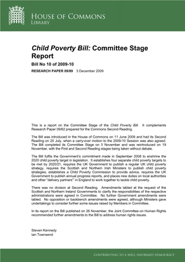 Child Poverty Bill: Committee Stage Report Bill No 10 of 2009-10 RESEARCH PAPER 09/89 3 December 2009