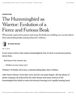 The Hummingbird As Warrior: Evolution of a Fierce and Furious Beak - the New York Times 2/11/19, 10�19 AM